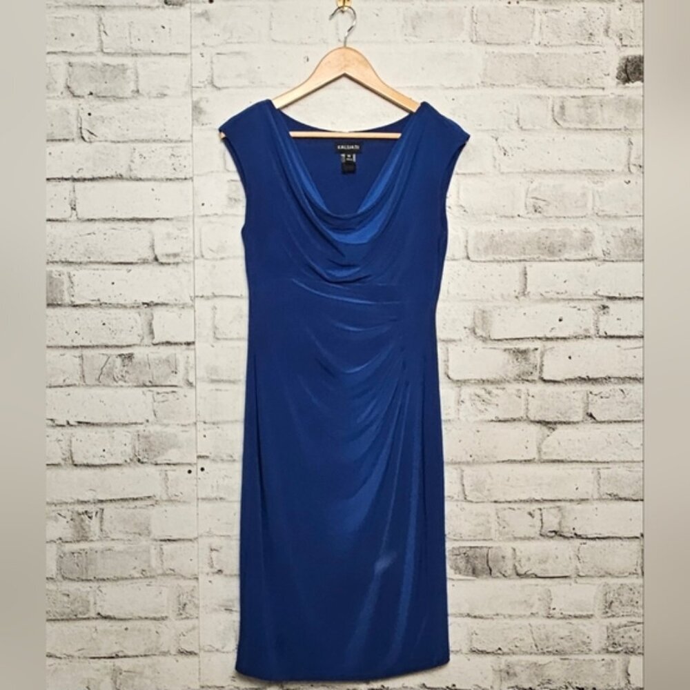 Kalijati Royal Blue Cowl Neck Sheath Midi Dress Ruched Sleeveless Medium